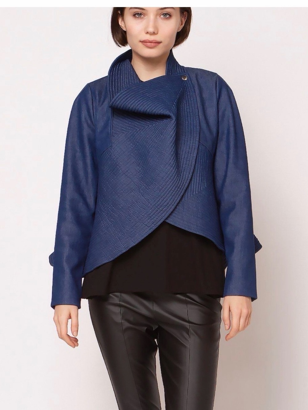 Gracia Navy Blue Asymmetrical Draped Jacket